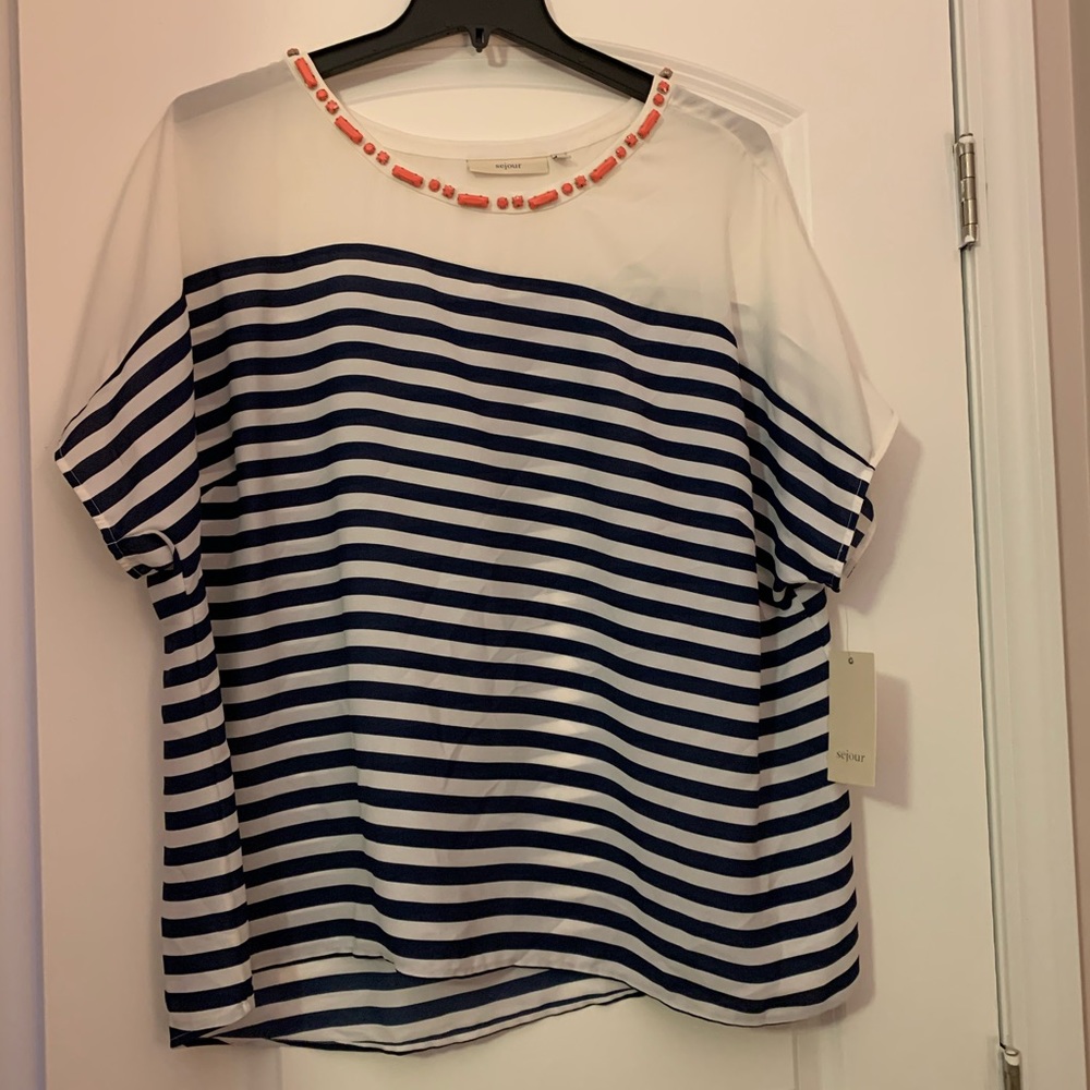 Sejour Navy Striped Top With Coral Detail 20W WT